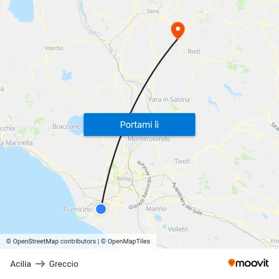 Acilia to Greccio map