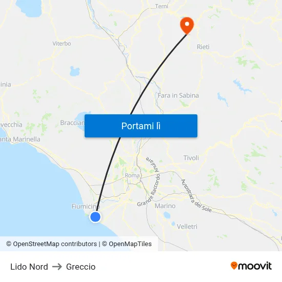Lido Nord to Greccio map
