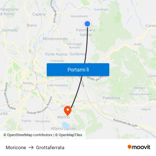 Moricone to Grottaferrata map