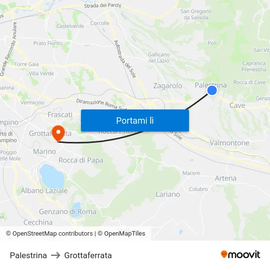 Palestrina to Grottaferrata map