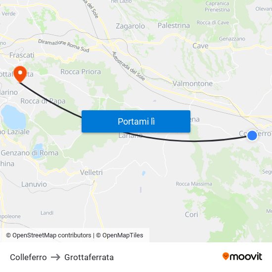 Colleferro to Grottaferrata map