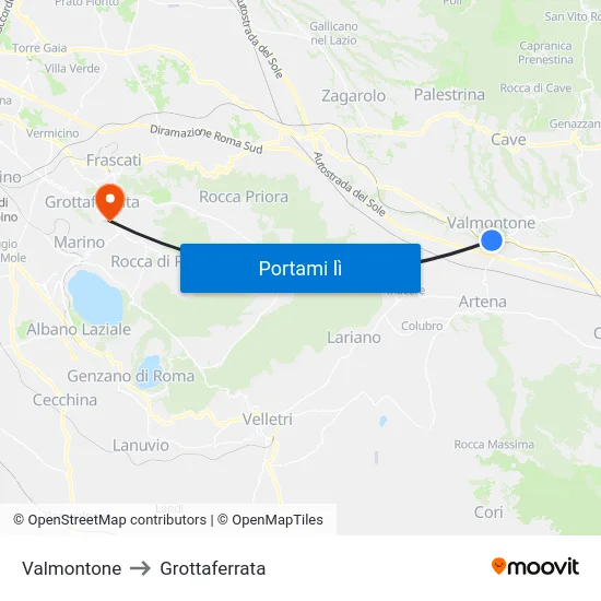 Valmontone to Grottaferrata map