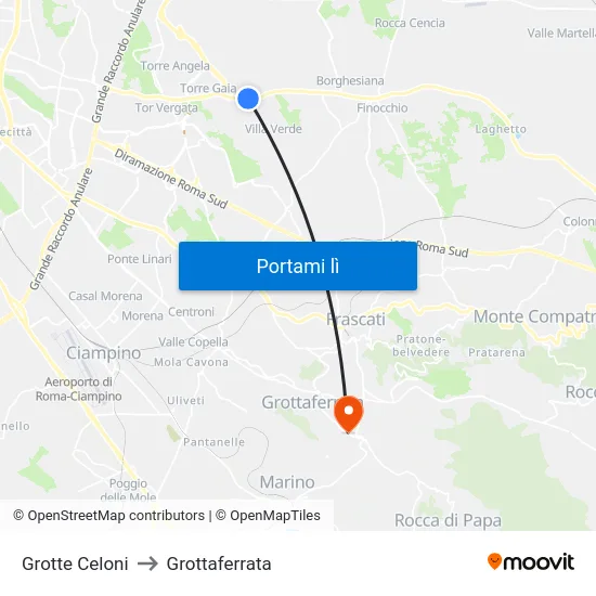 Grotte Celoni to Grottaferrata map