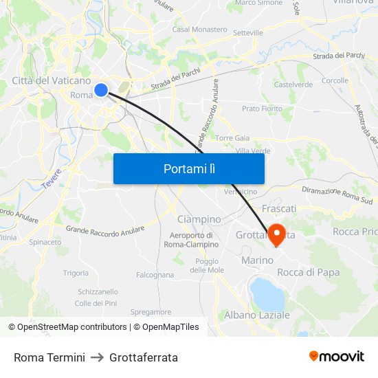 Roma Termini to Grottaferrata map