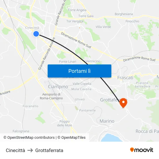 Cinecittà to Grottaferrata map