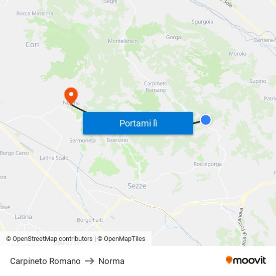 Carpineto Romano to Norma map