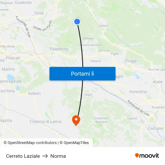 Cerreto Laziale to Norma map