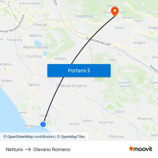Nettuno to Olevano Romano map