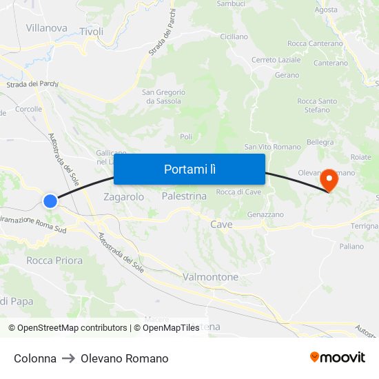 Colonna to Olevano Romano map