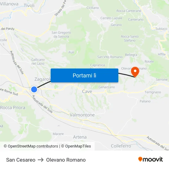 San Cesareo to Olevano Romano map