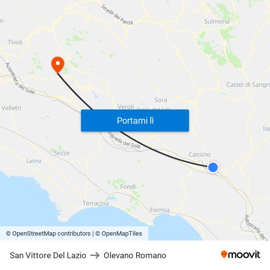 San Vittore Del Lazio to Olevano Romano map