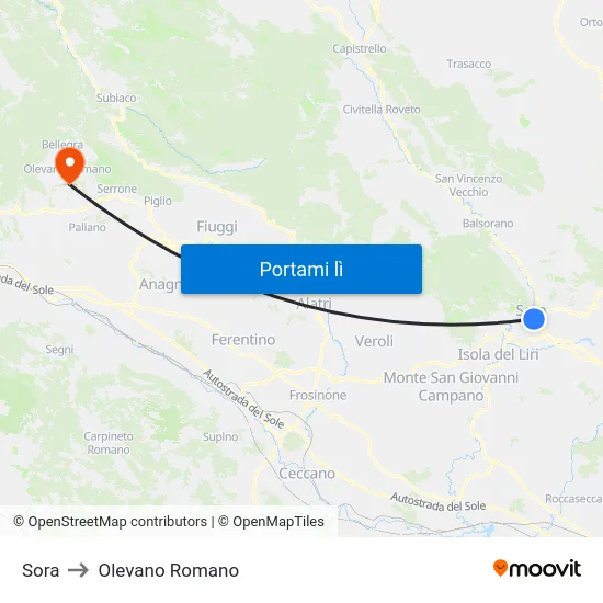 Sora to Olevano Romano map