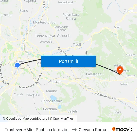 Trastevere/Min. Pubblica Istruzione to Olevano Romano map