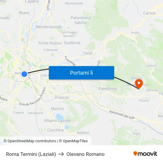 Roma Termini (Laziali) to Olevano Romano map