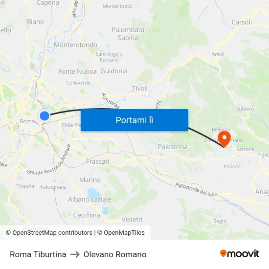 Roma Tiburtina to Olevano Romano map