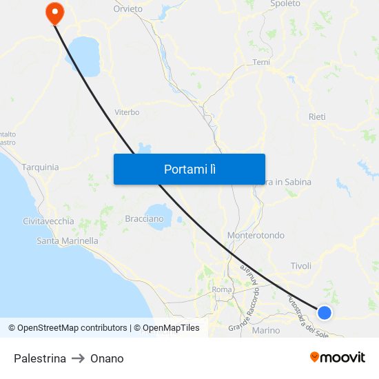 Palestrina to Onano map