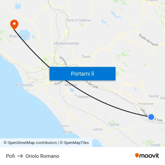 Pofi to Oriolo Romano map