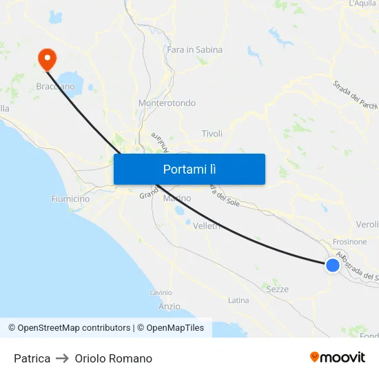 Patrica to Oriolo Romano map