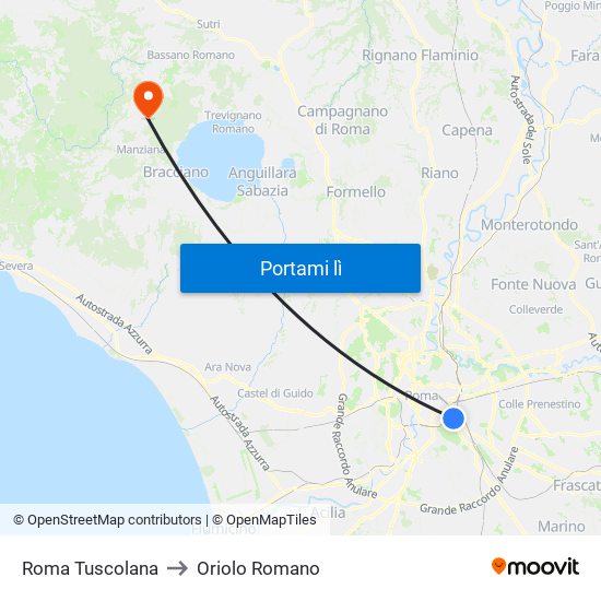 Roma Tuscolana to Oriolo Romano map