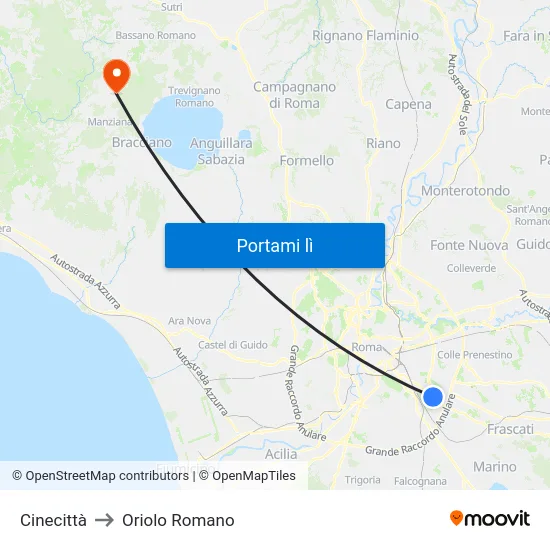Cinecittà to Oriolo Romano map