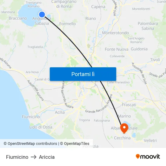 Fiumicino to Ariccia map