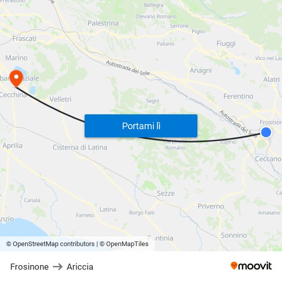 Frosinone to Ariccia map