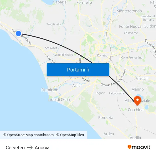 Cerveteri to Ariccia map