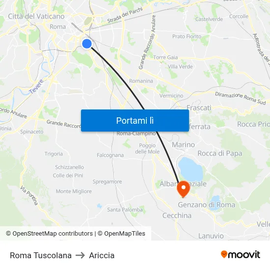 Roma Tuscolana to Ariccia map