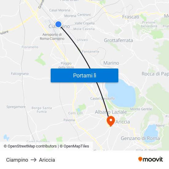 Ciampino to Ariccia map