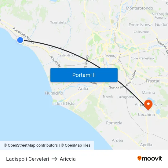 Ladispoli-Cerveteri to Ariccia map