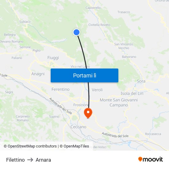 Filettino to Arnara map