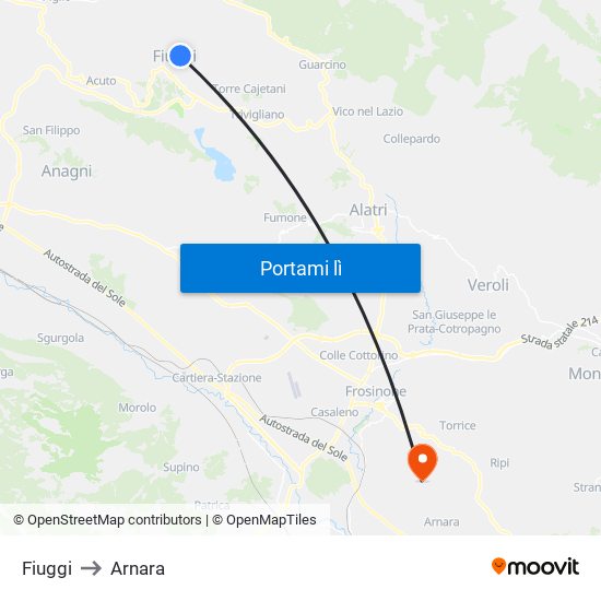Fiuggi to Arnara map