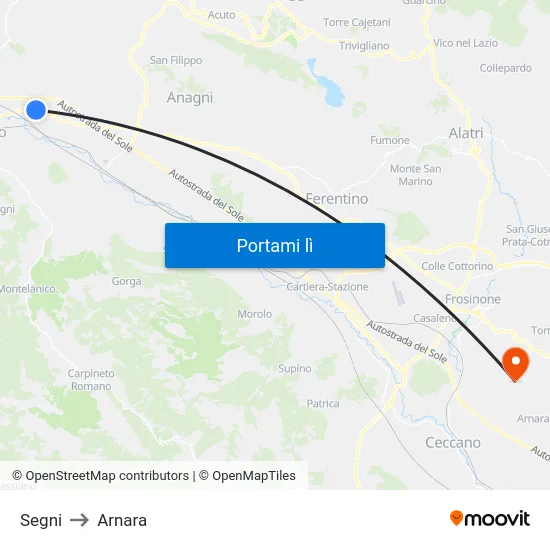 Segni to Arnara map