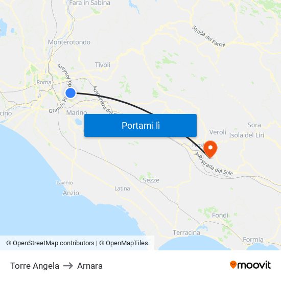 Torre Angela to Arnara map