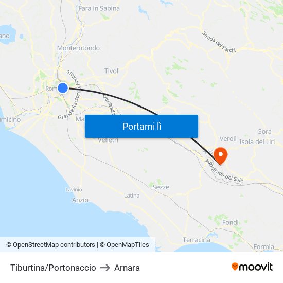 Tiburtina/Portonaccio to Arnara map