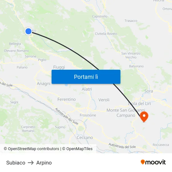 Subiaco to Arpino map