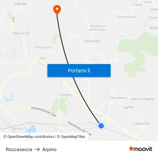 Roccasecca to Arpino map
