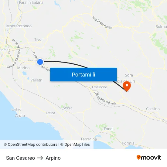 San Cesareo to Arpino map