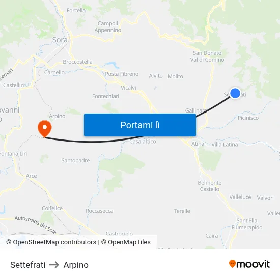 Settefrati to Arpino map