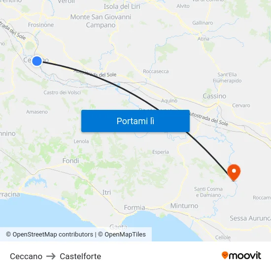Ceccano to Castelforte map