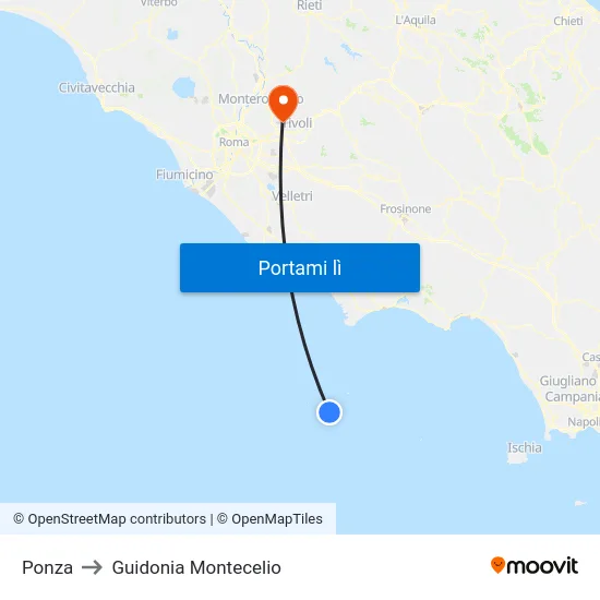 Ponza to Guidonia Montecelio map