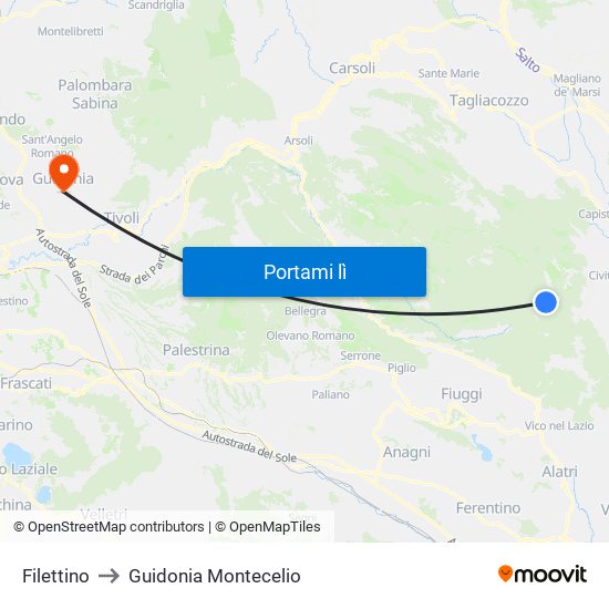 Filettino to Guidonia Montecelio map