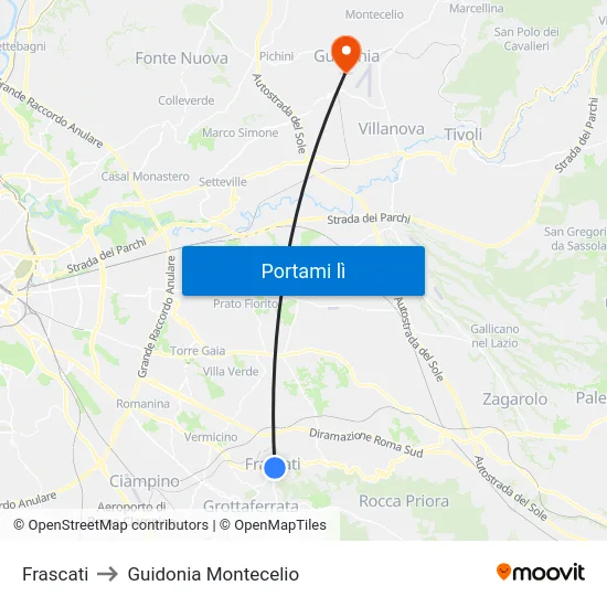 Frascati to Guidonia Montecelio map
