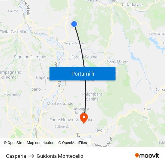 Casperia to Guidonia Montecelio map