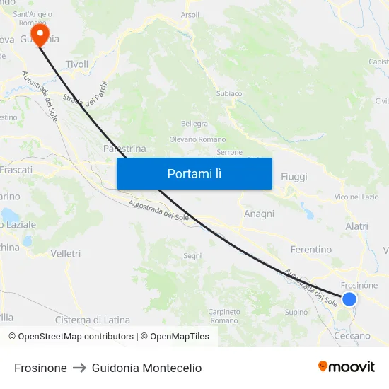 Frosinone to Guidonia Montecelio map
