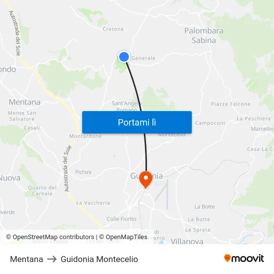 Mentana to Guidonia Montecelio map