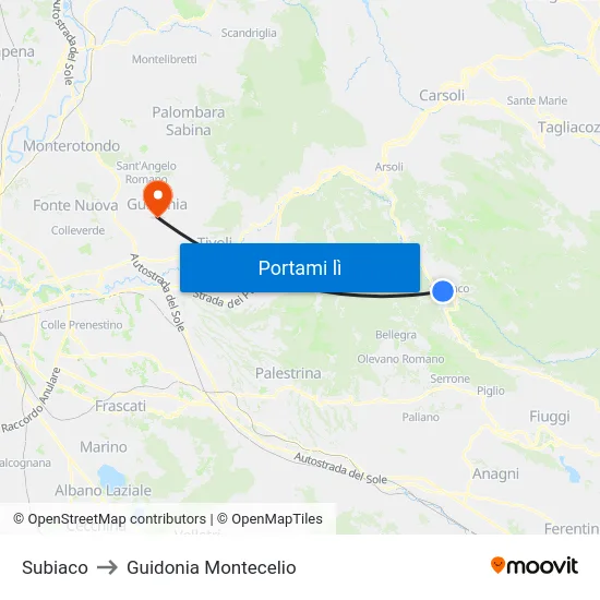 Subiaco to Guidonia Montecelio map