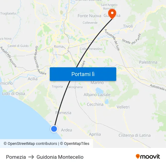 Pomezia to Guidonia Montecelio map