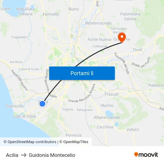 Acilia to Guidonia Montecelio map