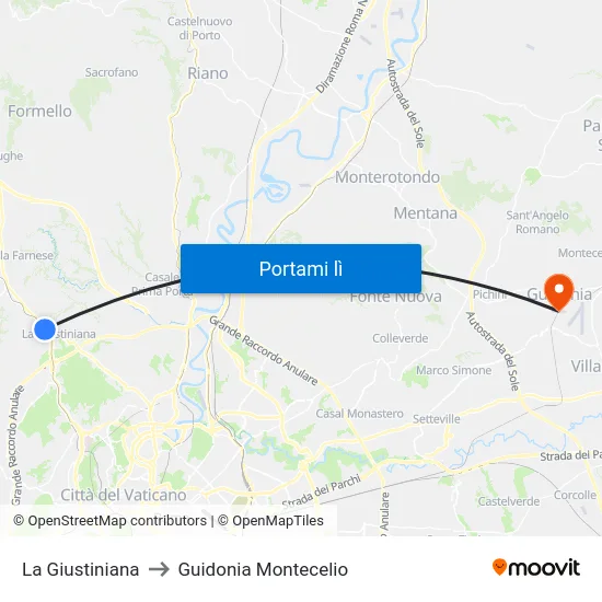 La Giustiniana to Guidonia Montecelio map